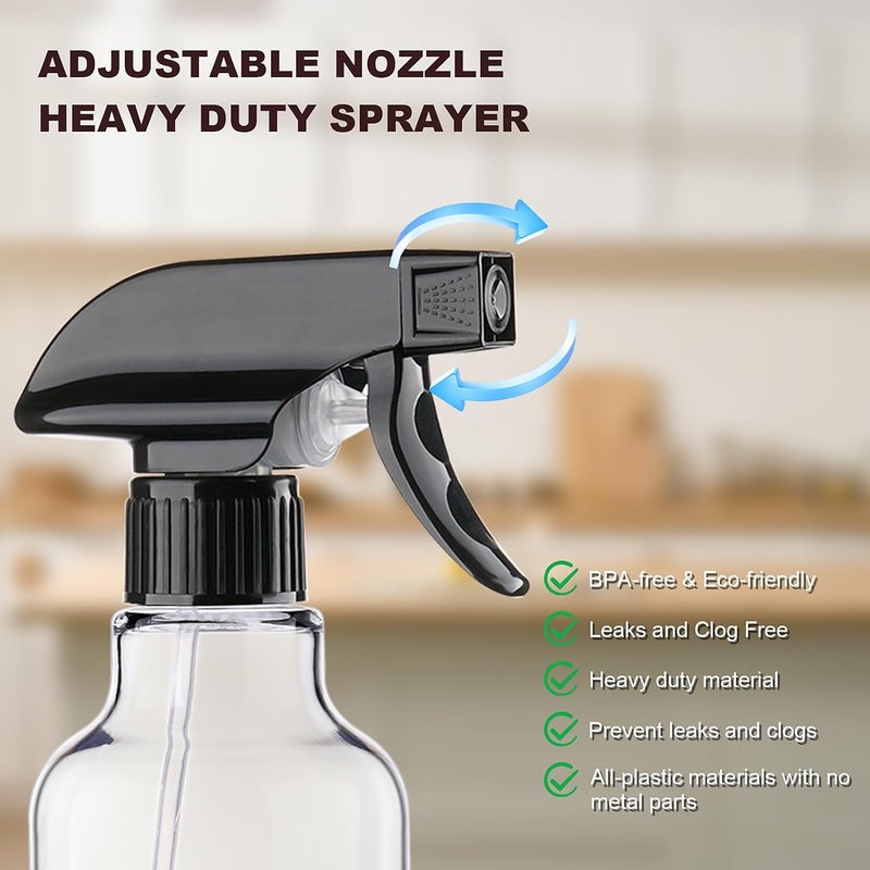 Hethyo Spray Bottles Plastic Spray Bottle for Hair Mist/Stream Heavy Duty Empty Spray Bottles for Cleaning Solutions, Plants, Cooking (16.9oz-Blackclear+nozzle) - Image 2